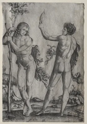 Two Nude Men Beside a Tree — Marcantonio Raimondi