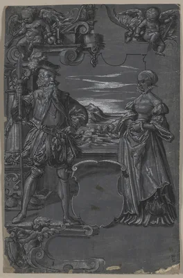 Design for Glass Painting: Man and Woman in Architectural Setting — Tobias Stimmer