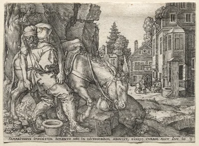 The Parable of the Good Samaritan: The Good Samaritan Putting the Traveler on His Donkey — Heinrich Aldegrever