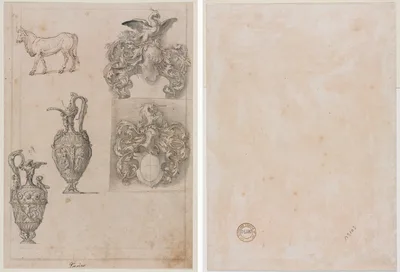 Design for Two Vases, Two Coats of Arms, and a Bull (recto) Several Line Borders (verso) — Luzio Luzi