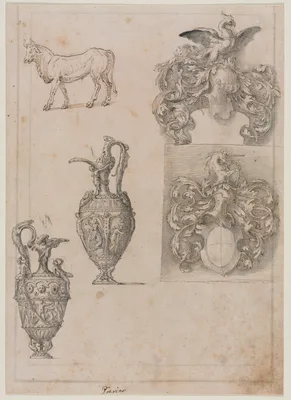 Design for Two Vases, Two Coats of Arms, and a Bull (recto) — Luzio Luzi