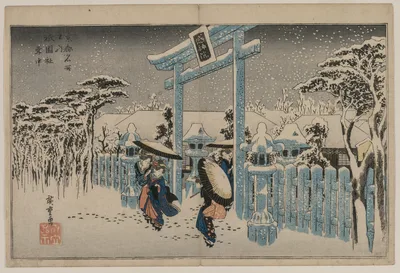 Snow at the Gion Shrine, from the series Famous Places in Kyoto — Utagawa Hiroshige