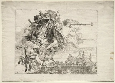 Flight into Egypt: Dedication with Winged Figure of Fame bearing the Arms of the Prince-Bishop of Wurzburg — Giovanni Domenico Tiepolo