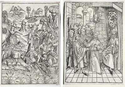 Der Schatzbehalter:  Moses Found by Pharaoh's Daughter (recto); Der Schatzbehalter:  Christ before Caiaphas (verso) — Michael Wolgemut