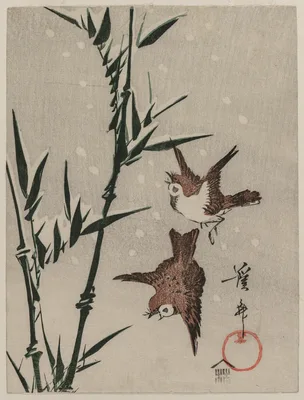 Sparrows, Bamboo and Falling Snow — Keisai Eisen