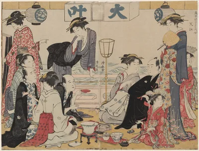 Entertainment on a Balcony by the Water at Nakasu, from the series, A Collection of Beautiful Modern Women of the Pleasure Quarters — Torii Kiyonaga
