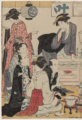 Entertainment on a Balcony by the Water at Nakasu, from the series, A Collection of Beautiful Modern Women of the Pleasure Quarters — Torii Kiyonaga