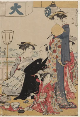 Entertainment on a Balcony by the Water at Nakasu, from the series, A Collection of Beautiful Modern Women of the Pleasure Quarters — Torii Kiyonaga