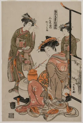 The Courtesan Karahama of Yamashiroya Performing the Tea Ceremony (from the series Models for Fahions: New Designs as Fresh as Young Leaves) — Isoda Koryūsai