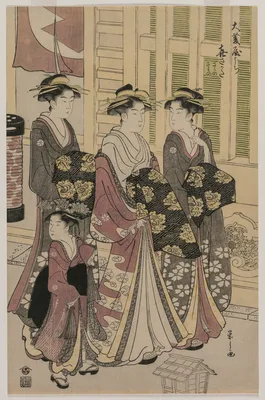 The Courtesan Kisagata of Ohishiya Strolling at Night with Two Shinzo and a Kamuro — Hosoda Eishi