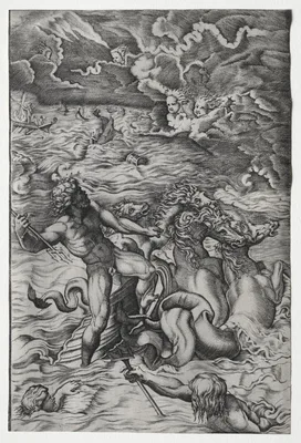 Neptune Calming the Tempest That Aeolus Raised Against Aeneas's Fleet — Marcantonio Raimondi