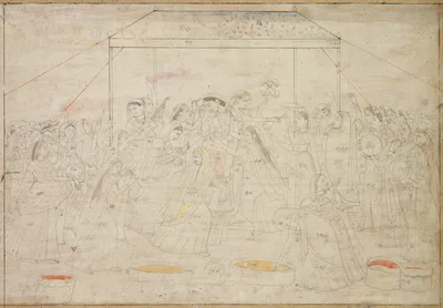 Krishna being dressed in women’s clothes for the spring festival Holi