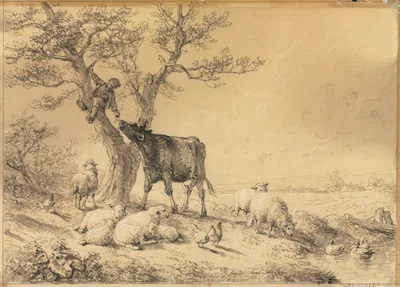 Landscape with Animals and Boy in Tree — Eugène Joseph Verboeckhoven