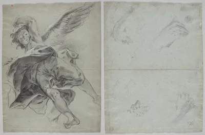 A Flying Angel (recto); Studies of Hands Playing Instruments (verso) — Giovanni Battista Piazzetta