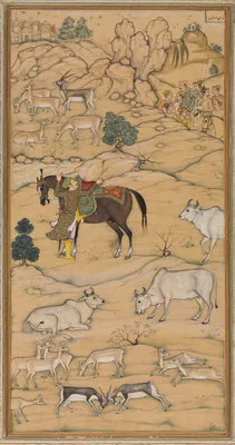 Akbar Mounting his Horse; page from the Chester Beatty Akbar Nama (History of Akbar) — Sur Das Gujarati