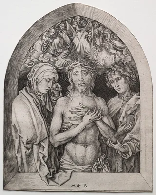 Christ as the Man of Sorrows between the Virgin and St. John — Martin Schongauer