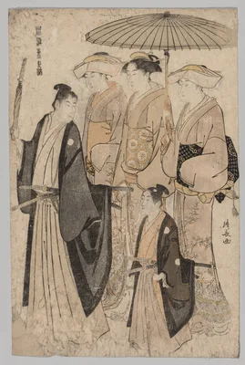 Woman of the Yoshiwara and Attendants (from the series Brocades of the East in Fashion) — Torii Kiyonaga