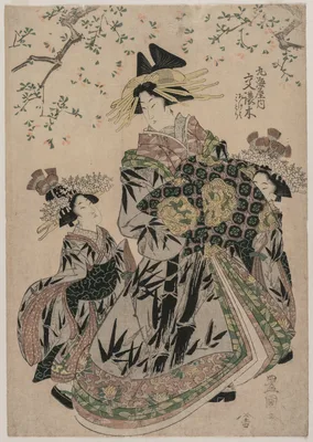 The Courtesan Katakoshigi (?) of Maruebiya with her Kamuro Ageha and Midori — Utagawa Toyokuni I