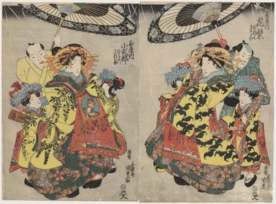 The Courtesans Hanamurasaki and Koshikibu of the Tamaya Promenading in the Rain — Utagawa Toyokuni III