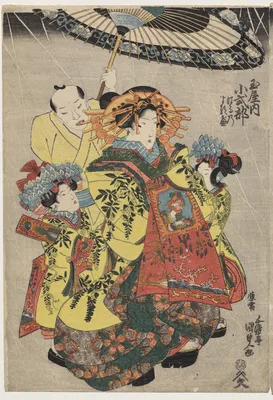 The Courtesans Hanamurasaki and Koshikibu of the Tamaya Promenading in the Rain — Utagawa Toyokuni III