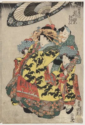 The Courtesans Hanamurasaki and Koshikibu of the Tamaya Promenading in the Rain — Utagawa Toyokuni III