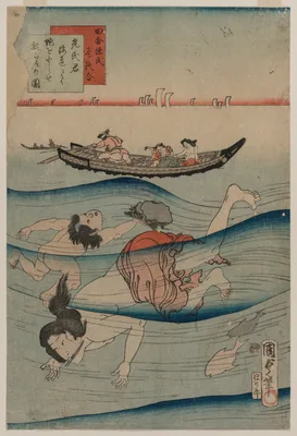 Rustic Genji's Poetry Contest: Mitsuuji's Excursion to the Seaside to See Abalone Diving (Inaka Genji shikishi awase, Mitsuuji umibe ni te awabi o torase yūran no zu) — Utagawa Kunisada II