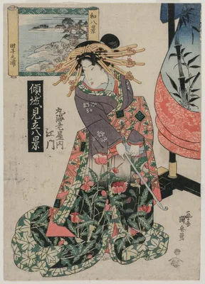 The Courtesan Emon of Maruebiya with a View of Tago Bay (form the series Courtesans with a Playful Group of Eight Views) — Kuniyasu