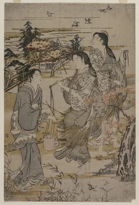Women with Salt Pails; The Noda Tama River in Mutsu Province, from an untitled series of the Six Tama Rivers — Kubo Shunman