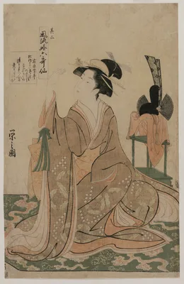 Young Woman Kneeling by a Stand with a Ceremonial Cap (from the series The Six Immortal Poets in Elegant Modern Dress) — Hosoda Eishi