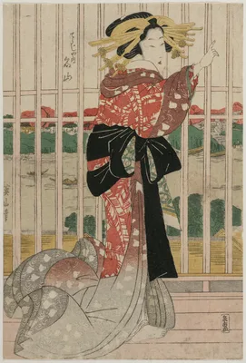 The Courtesan Meizan of the Chojiya on a Balcony Overlooking the Sumida River — Kikukawa Eizan