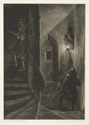 Essay on Stone with Brush and Scraper:  Chase on the Winding Staircase — Adolph von Menzel