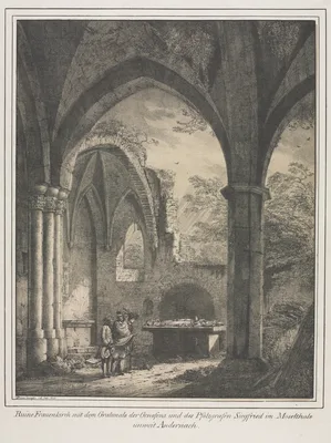 Notable Buildings of the Middle Ages in Germany:  Ruins of the Church of the Virgin with the Tomb of Genevieve and Siegfried, Count Palatine of the Rhine, in the Moselle Valley near Andernack — Domenico Quaglio the Younger