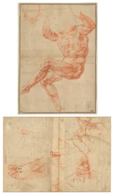 Study for the Nude Youth over the Prophet Daniel (recto); Figure Studies for the Sistine Ceiling (verso) — Michelangelo