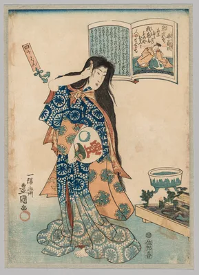 Woman with a Fan in her Left Hand Combing her Hair — Utagawa Toyokuni III