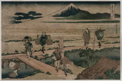 A View of Mount Fuji and Travellers by a Bridge — Katsushika Hokusai