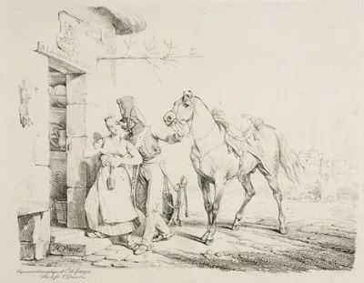 Hussar at the Door of a Cabaret, or Hussar Embracing a Servant — Horace Vernet