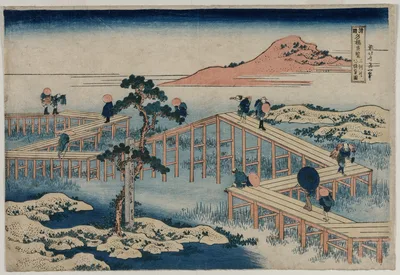 An Ancient Picture of the Eight Part Bridge in Mikawa Province (from the series Curious Views of Famous Bridges in the Provinces) — Katsushika Hokusai
