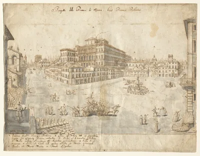 Eighteen Views of Rome: The Piazza Barberini (recto) — Lievin Cruyl