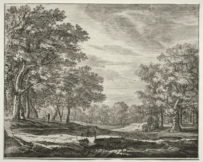 Six views in the Wood of the Hague: Plate 5, A Man with a Staff in His Hand — Roelant Roghman