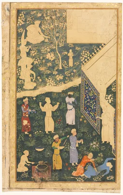 Left side of a double-page album folio: Outside a Royal Encampment (recto) — Kamāl ud-Dīn Behzād