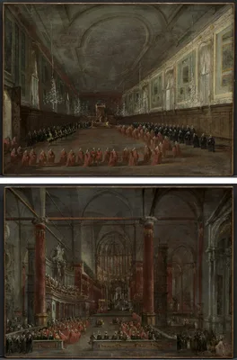 Pope Pius VI Descending the Throne to Take Leave of the Doge in the Hall of SS. Giovanni e Paolo, 1782 and Pontifical Ceremony in SS. Giovanni e Paolo, Venice, 1782 (pair) — Francesco Guardi