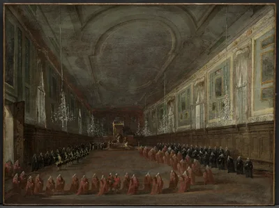 Pope Pius VI Descending the Throne to Take Leave of the Doge in the Hall of SS. Giovanni e Paolo, 1782 — Francesco Guardi