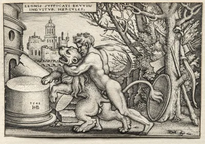The Labors of Hercules:  Hercules Strangling the Nemean Lion — Hans Sebald Beham