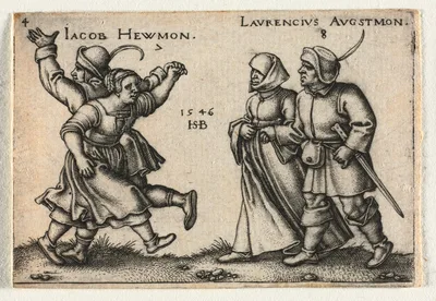 The Peasant Wedding or the Twelve Months:  7 Jacob Hewmon 8-Laurencius Augstmon — Hans Sebald Beham