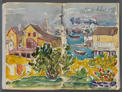 Sketchbook- The Granite Shore Hotel, Rockport, page 128 & 129: Houses on the Harbor — Maurice Prendergast