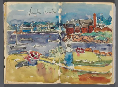 Sketchbook- The Granite Shore Hotel, Rockport, page 084 & 85: Harbor View with Color Notations — Maurice Prendergast