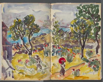 Sketchbook- The Granite Shore Hotel, Rockport, page 118 &119: Garden View with Notations — Maurice Prendergast