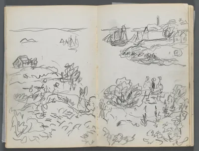 Sketchbook, The Dells, N° 127, page 042 & 43: Cove with Boats and Figures — Maurice Prendergast