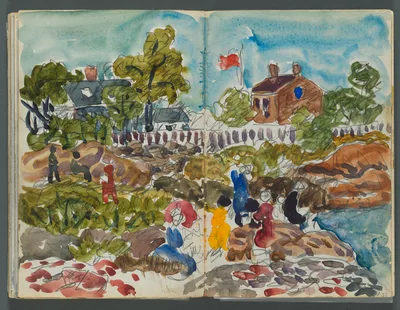 Sketchbook, The Dells, N° 127, page 156 & 157: Coastal Landscape with Figures — Maurice Prendergast