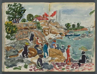 Sketchbook, The Dells, N° 127, page 158 & 159: Coastal Landscape with Figures — Maurice Prendergast